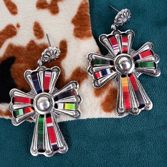 Multicolor Stitched Western Southwest Cross Earrings - Picture 1 of 2